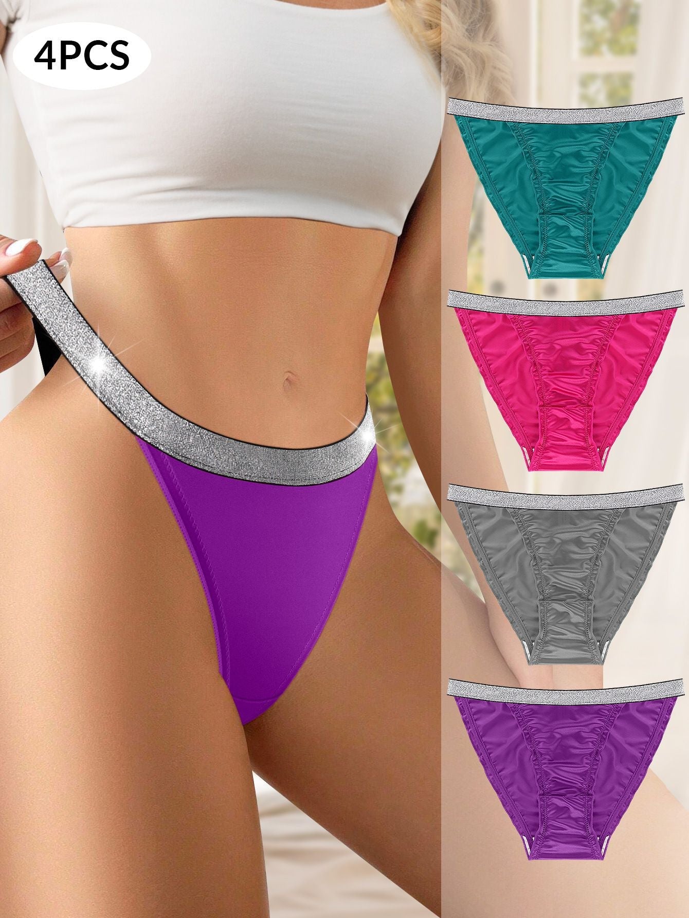 4er-Pack Spitzen-G-String, violett mit silbernem Glitzerbund