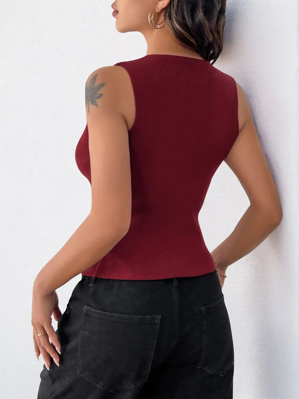 Burgundy ribbed cropped tank back, sleeveless, fitted silhouette