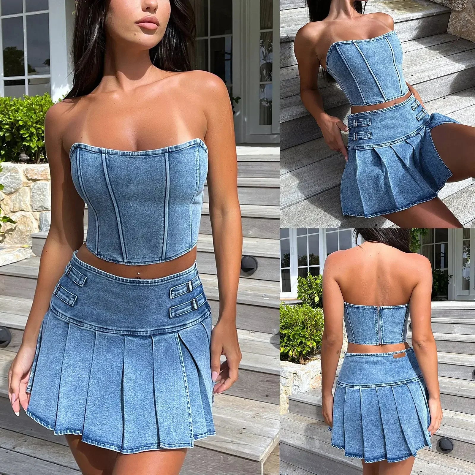Denim-Set: trägerloser Bustier-Top + hoher Falten-Minirock, blau
