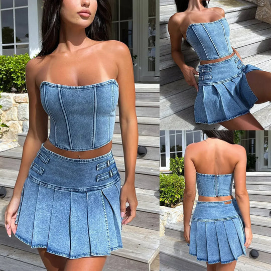 Denim-Set: trägerloser Bustier-Top + hoher Falten-Minirock, blau
