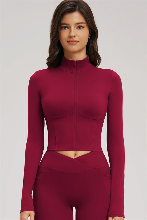 Sizzle Zip Jacket-Sport-BH-Set, burgunderfarbene Zip-Jacke mit Crop-Saum
