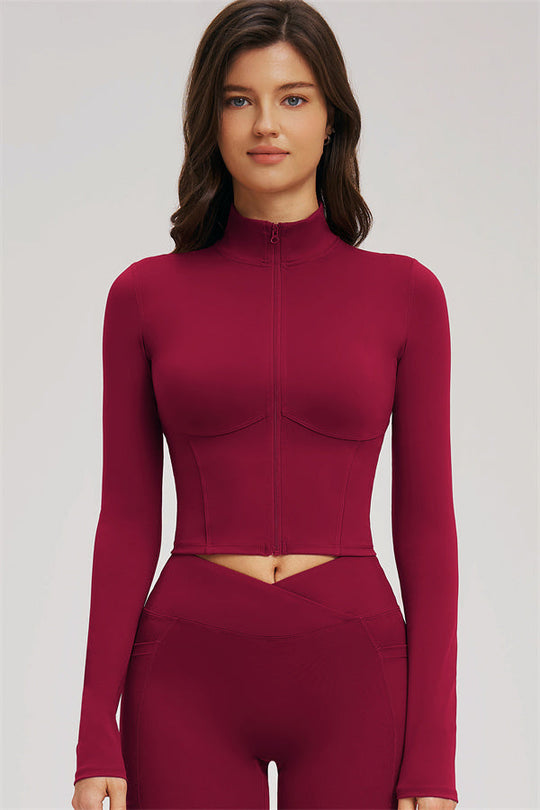Sizzle Zip Jacket-Sport-BH-Set, burgunderfarbene Zip-Jacke mit Crop-Saum