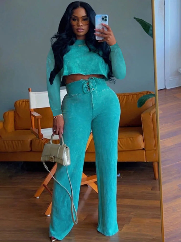 Teal two-piece sweatsuit set: long-sleeve cropped top and lace-up wide-leg jogger pants