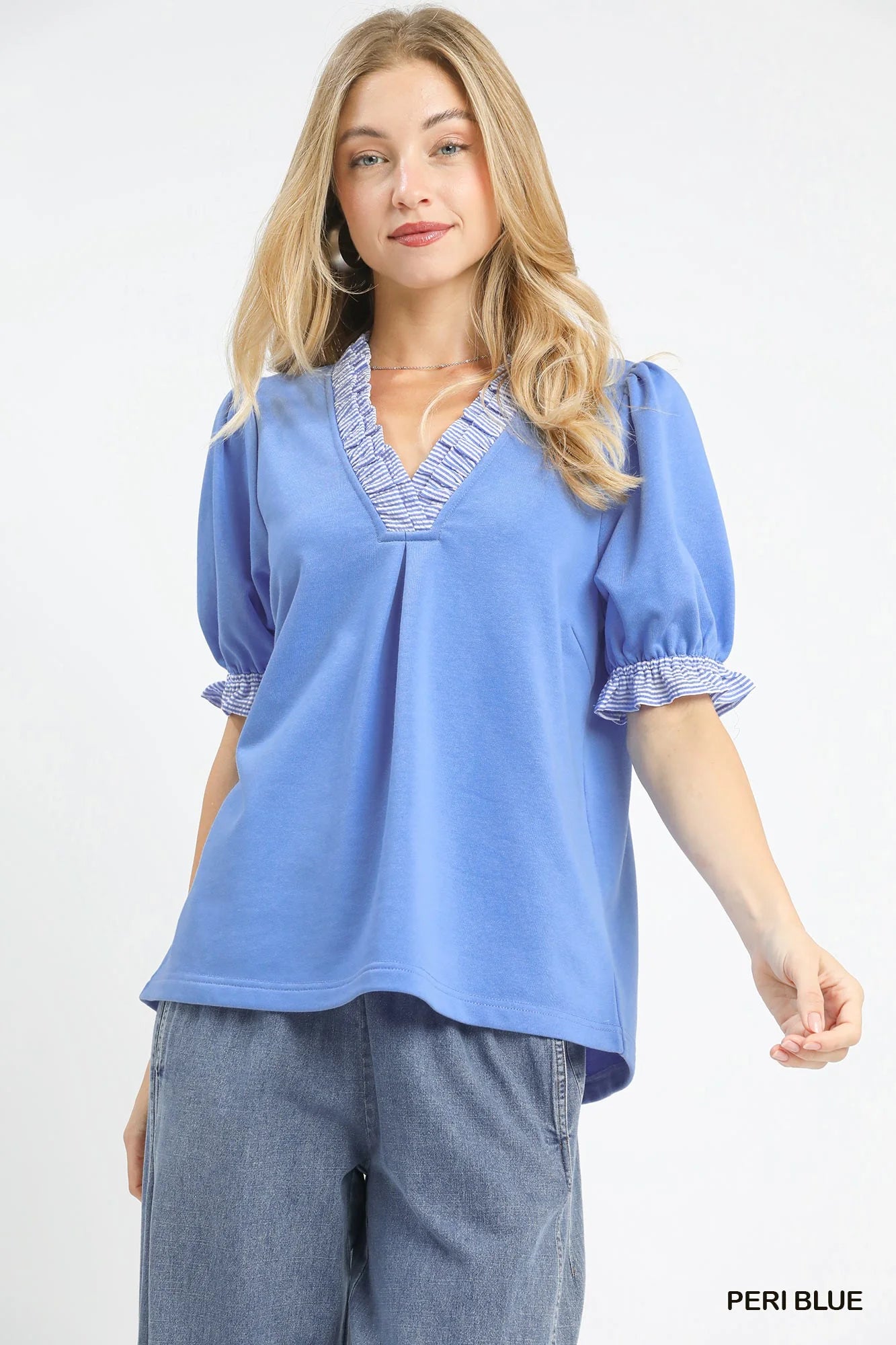 PERI BLUE French terry top with ruffled V-neck and puff sleeves