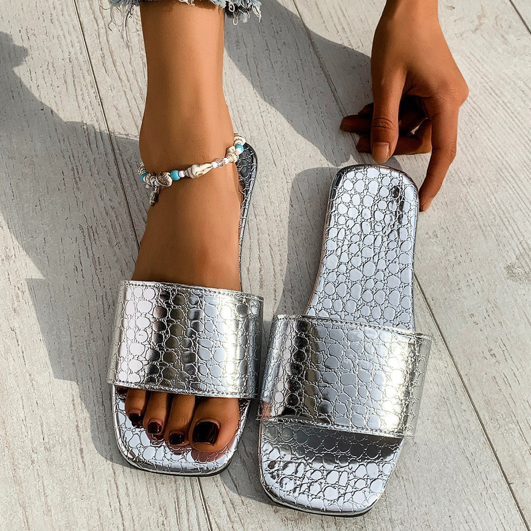 Silver crocodile-textured slide sandals, square toe, flat with wide strap