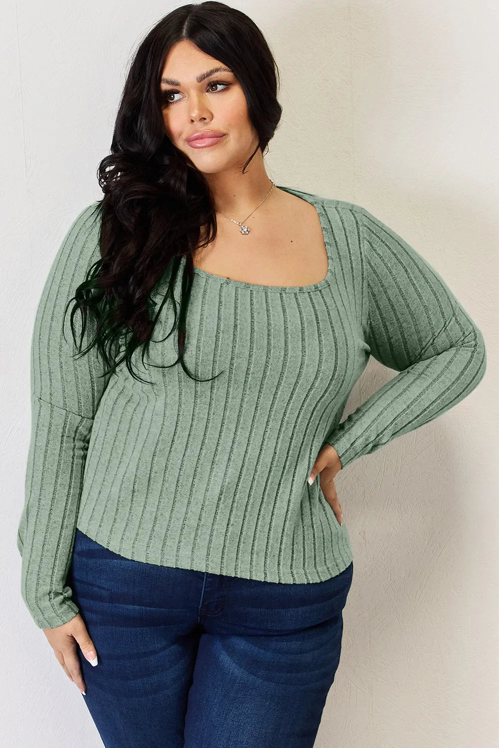 Light green ribbed long-sleeve T-shirt with scoop neckline and cuffed sleeves