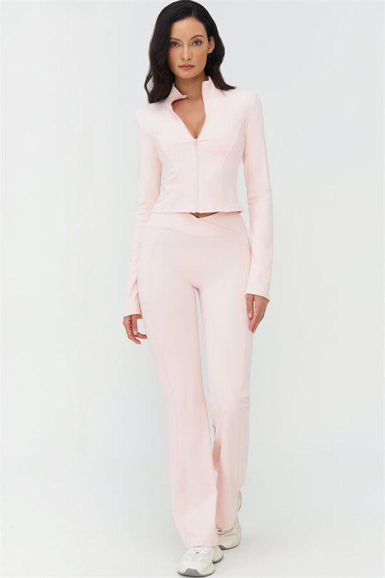 Light pink 2-piece set: zip-front jacket and flared leggings, high-rise waist, full length