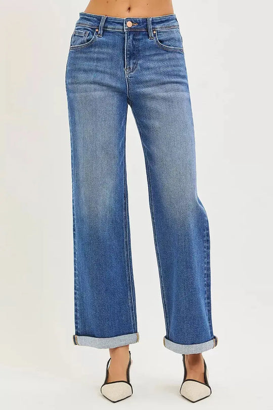RISEN Plus Jeans, medium wash blue, high rise relaxed straight ankle cuff