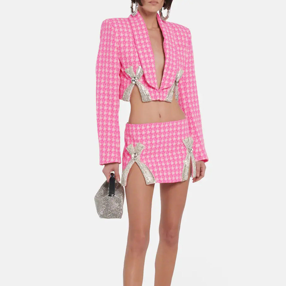 Pink rhinestone bow knit coat & skirt set, slit hem on skirt