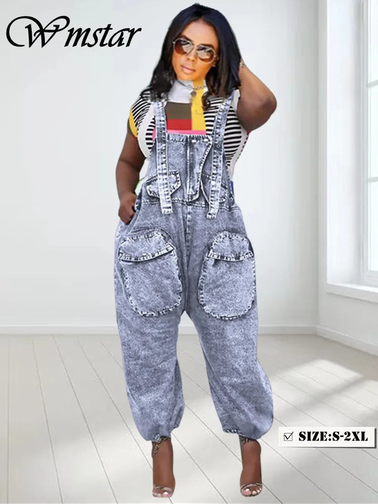Wmstar denim cargo jumpsuit, light blue wash, wide-leg, large front pockets