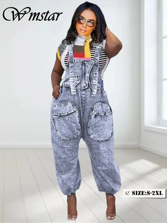 Wmstar denim cargo jumpsuit, light blue wash, wide-leg, large front pockets
