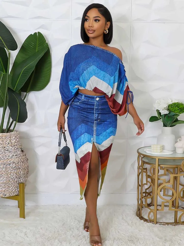 2 Piece Outfit Set Women Streetwear Summer Outfits with Skirts Fake Denim Print Elegant Chic Open Split Skirt Long Sexy Female