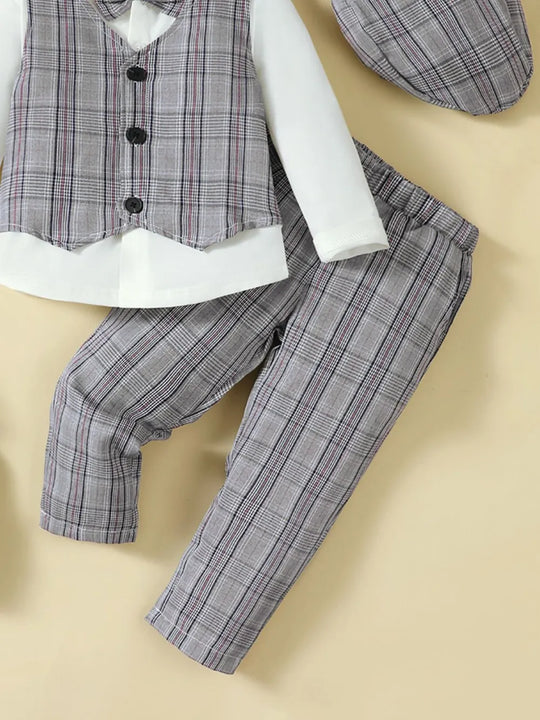 Gray plaid pants with buttoned plaid vest front and white long sleeves