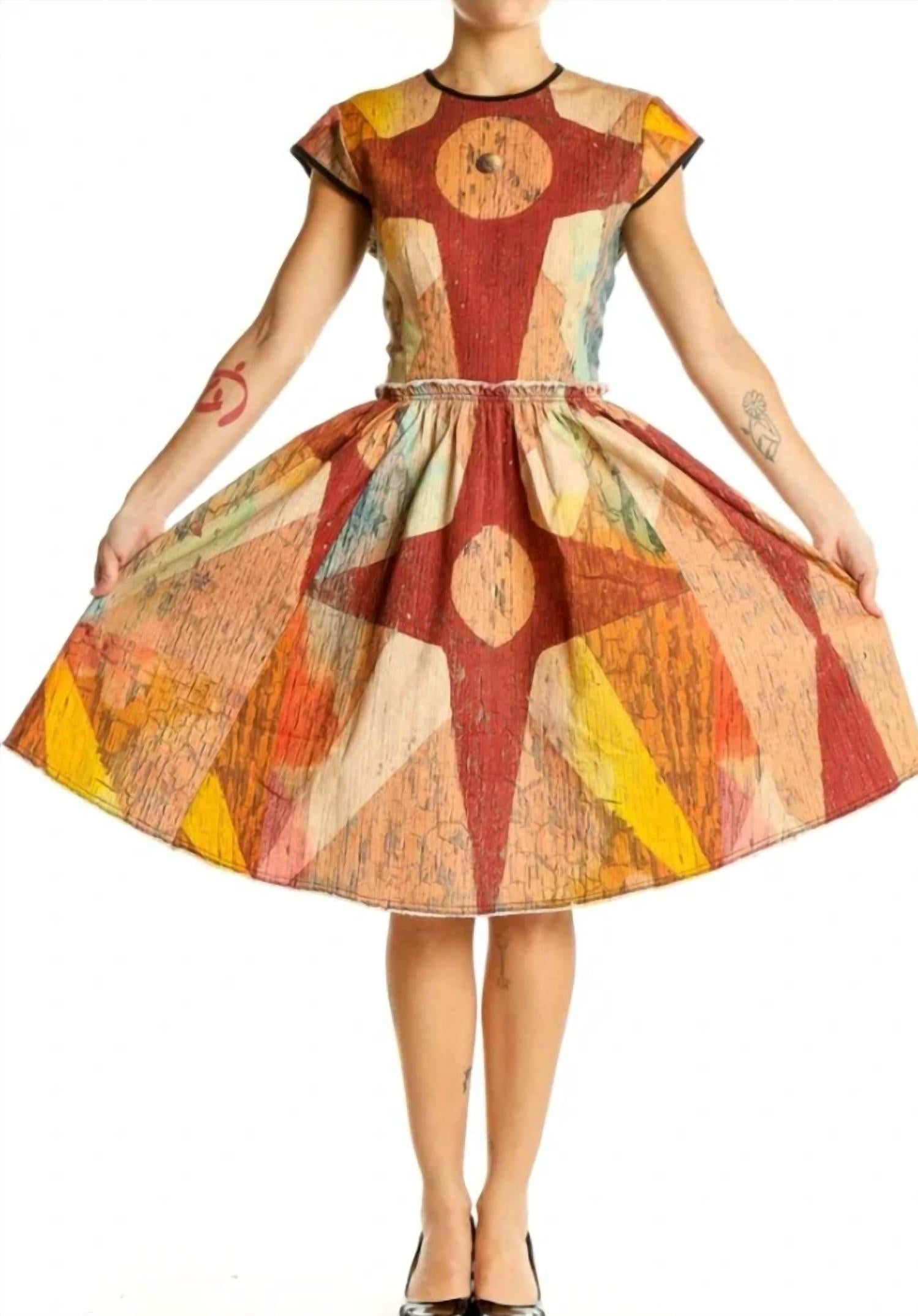 Women’s Carnival Patchwork Dress, Orange Multi abstract print, flared skirt