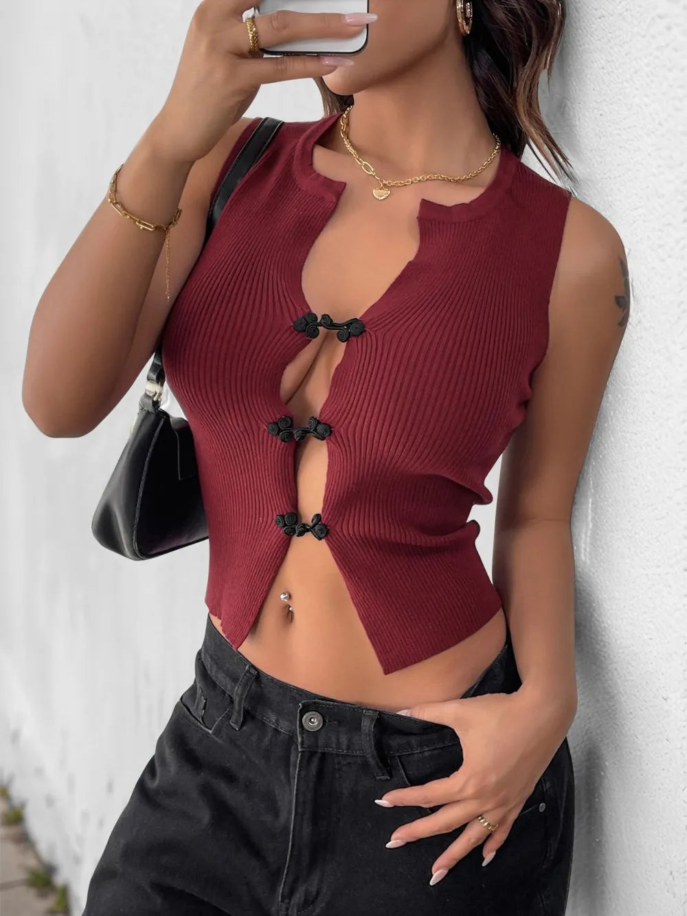 Burgundy ribbed cropped tank, sleeveless, knot-button front cutouts