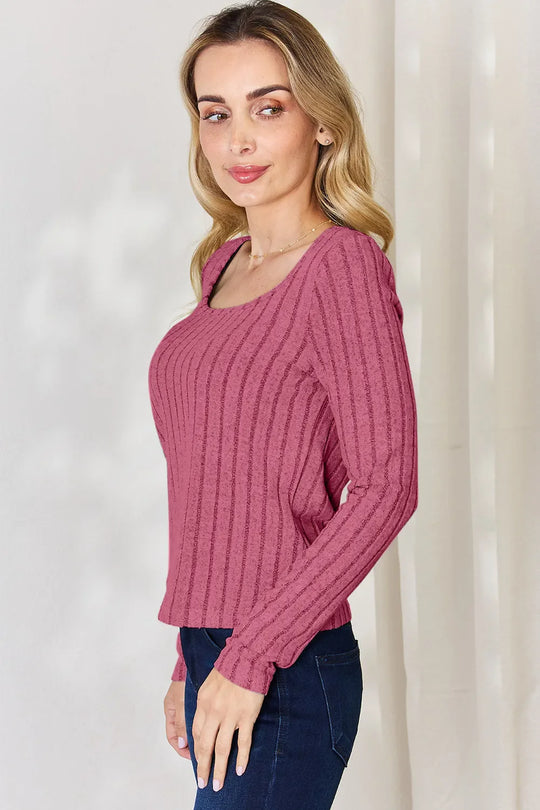 Hot Pink ribbed long-sleeve T-shirt with scoop neckline and fitted cuffs