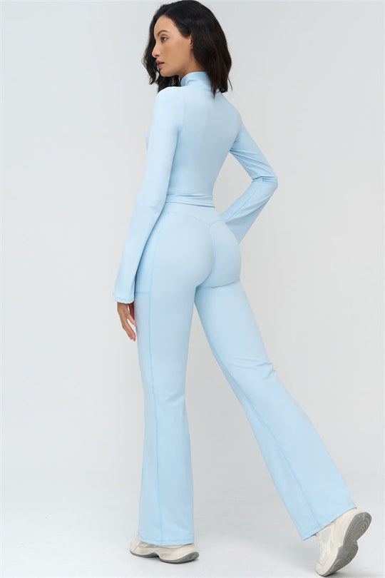 Light blue two-piece set: long-sleeve zip jacket and wide-leg flared leggings