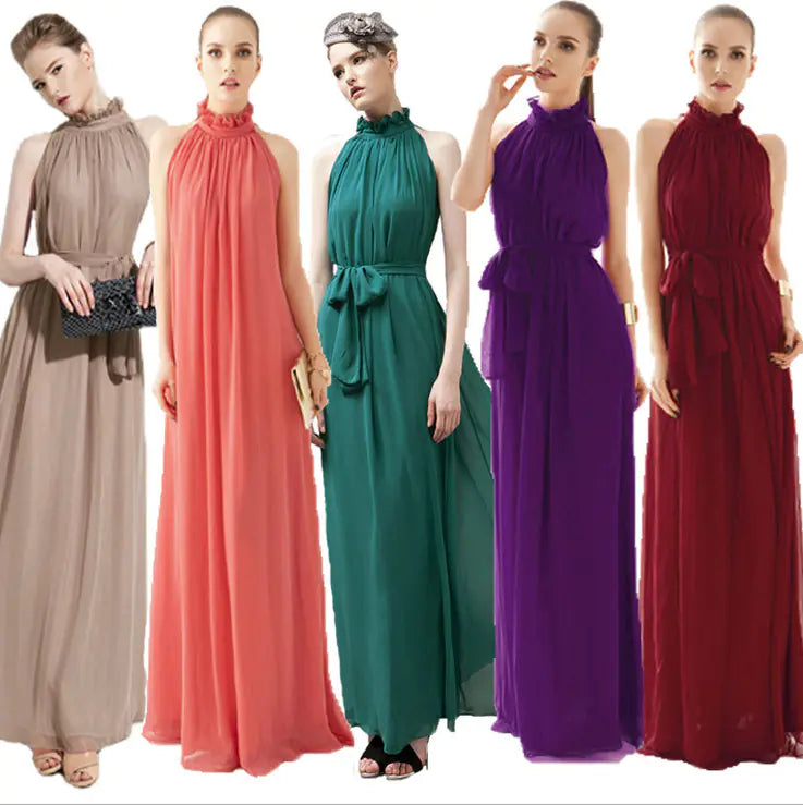 Bohemian Halter-Neck Maxikleid aus Chiffon in mehreren Farben: beige, koralle, grün, violett, weinrot