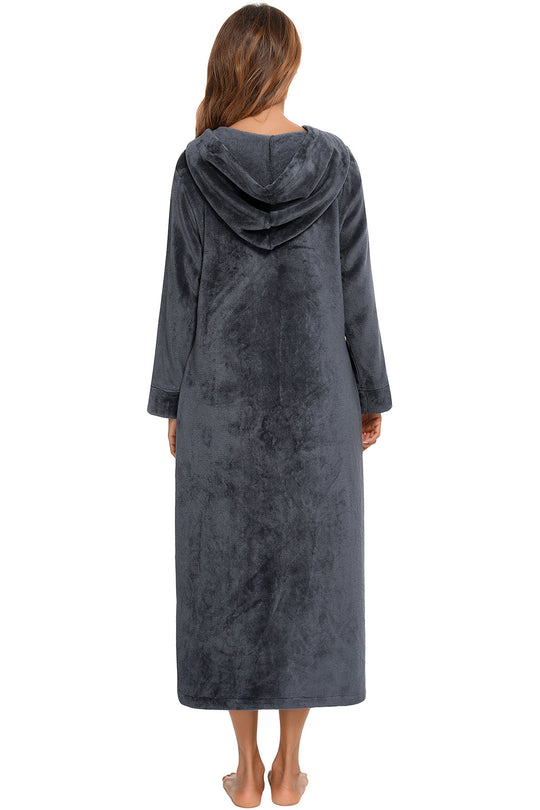 Charcoal hooded night dress, back view, zip front and long sleeves