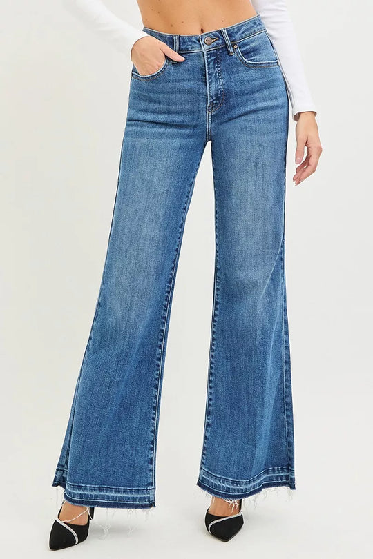 High-rise wide-leg jeans in medium wash, button-and-zip front