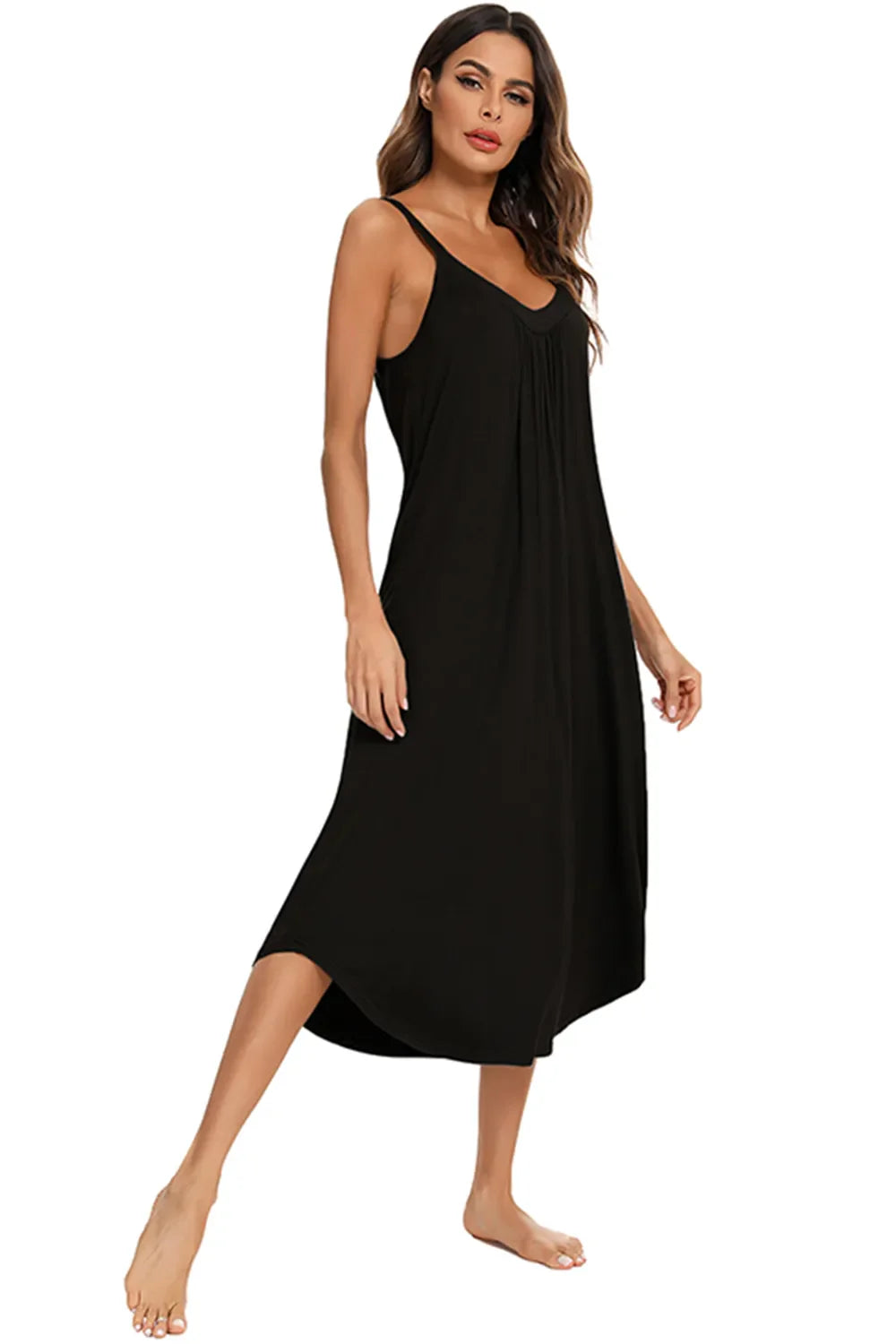 Black V-neck midi lounge dress with sleeveless straps, draped fit, and asym hem