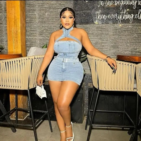 Blue denim mini wrap dress set with halter neckline and fitted bodice
