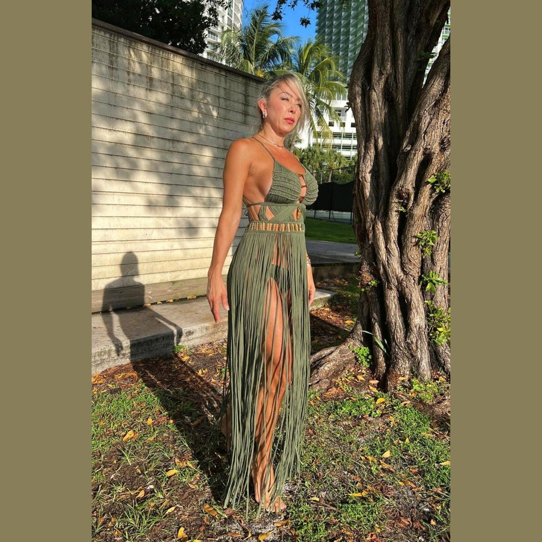 Artemis Beach Party Dress on model, green sleeveless gown with fringe panels and side slit