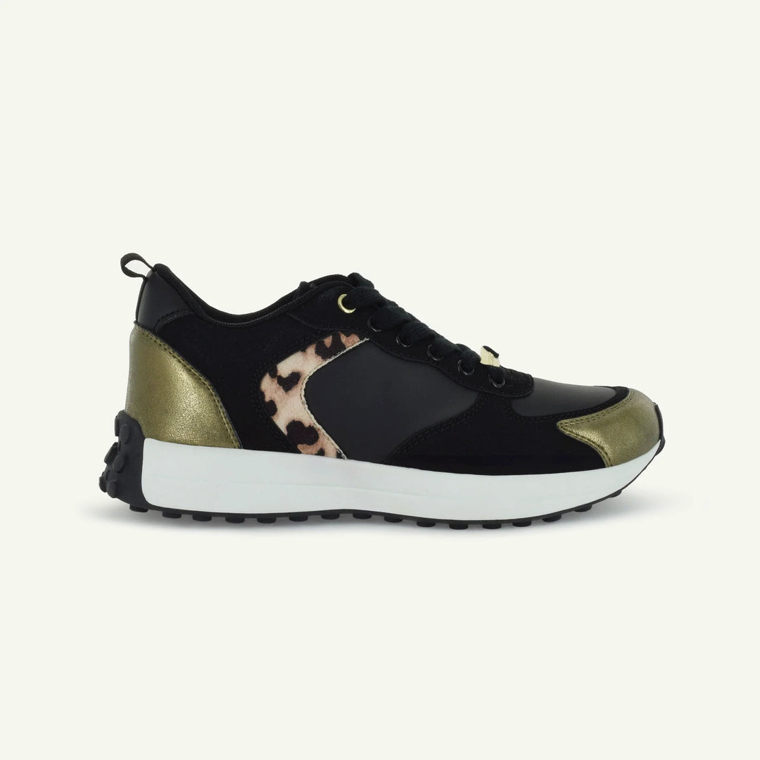 Retro Runner sneaker in black with animal print panel and gold heel accents