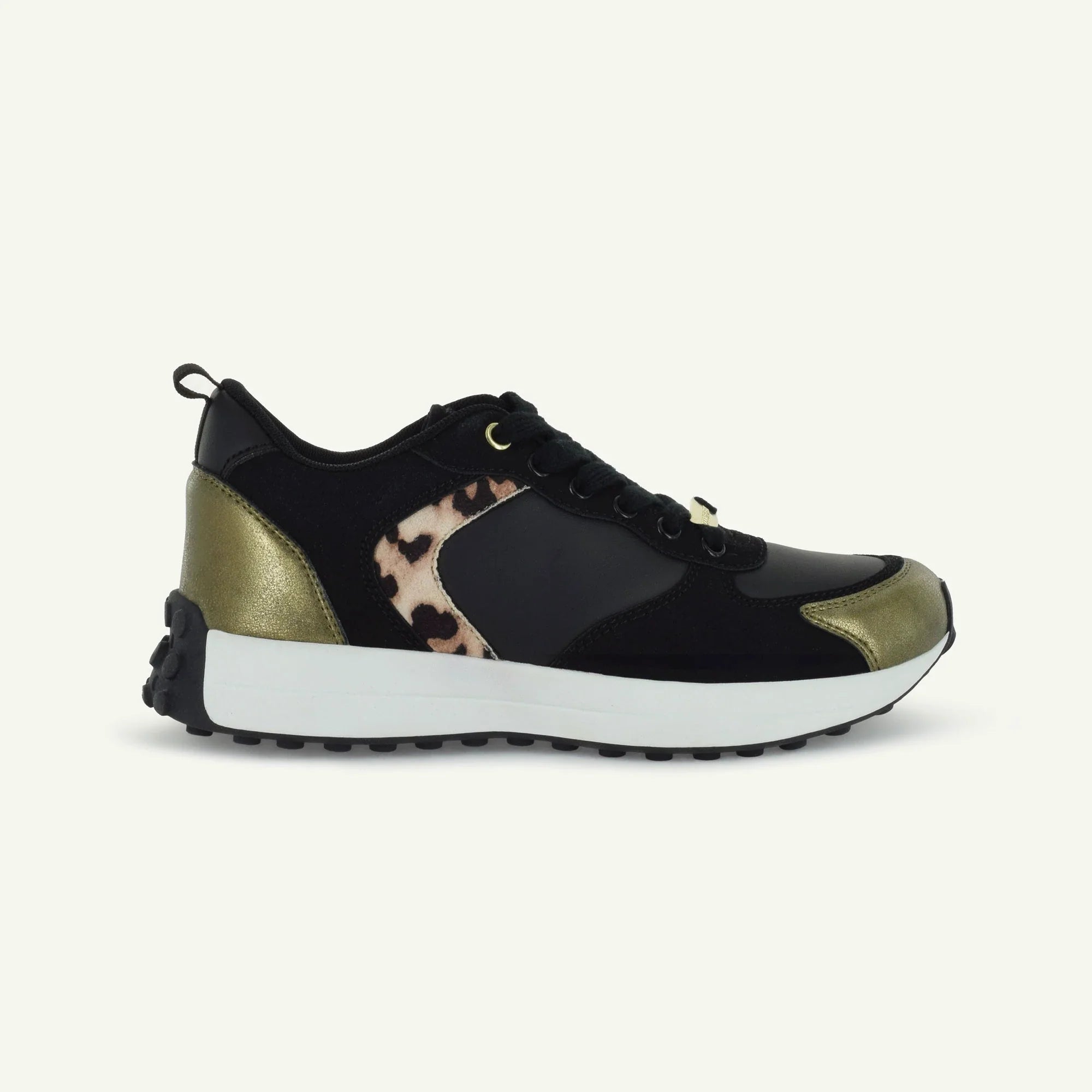 Retro Runner sneaker in black with animal print panel and gold heel accents