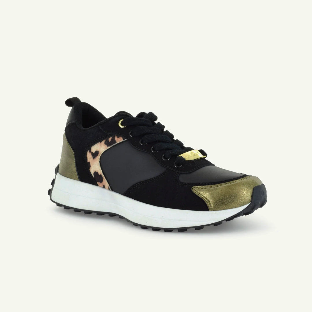 Retro Runner sneaker in black with leopard-style trim, gold side panel, and black laces