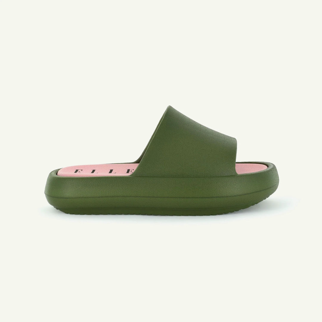ST. TROPEZ platform slide in olive green, wide slip-on strap
