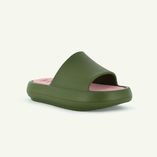 ST. TROPEZ platform slide in olive green, side view with pink footbed