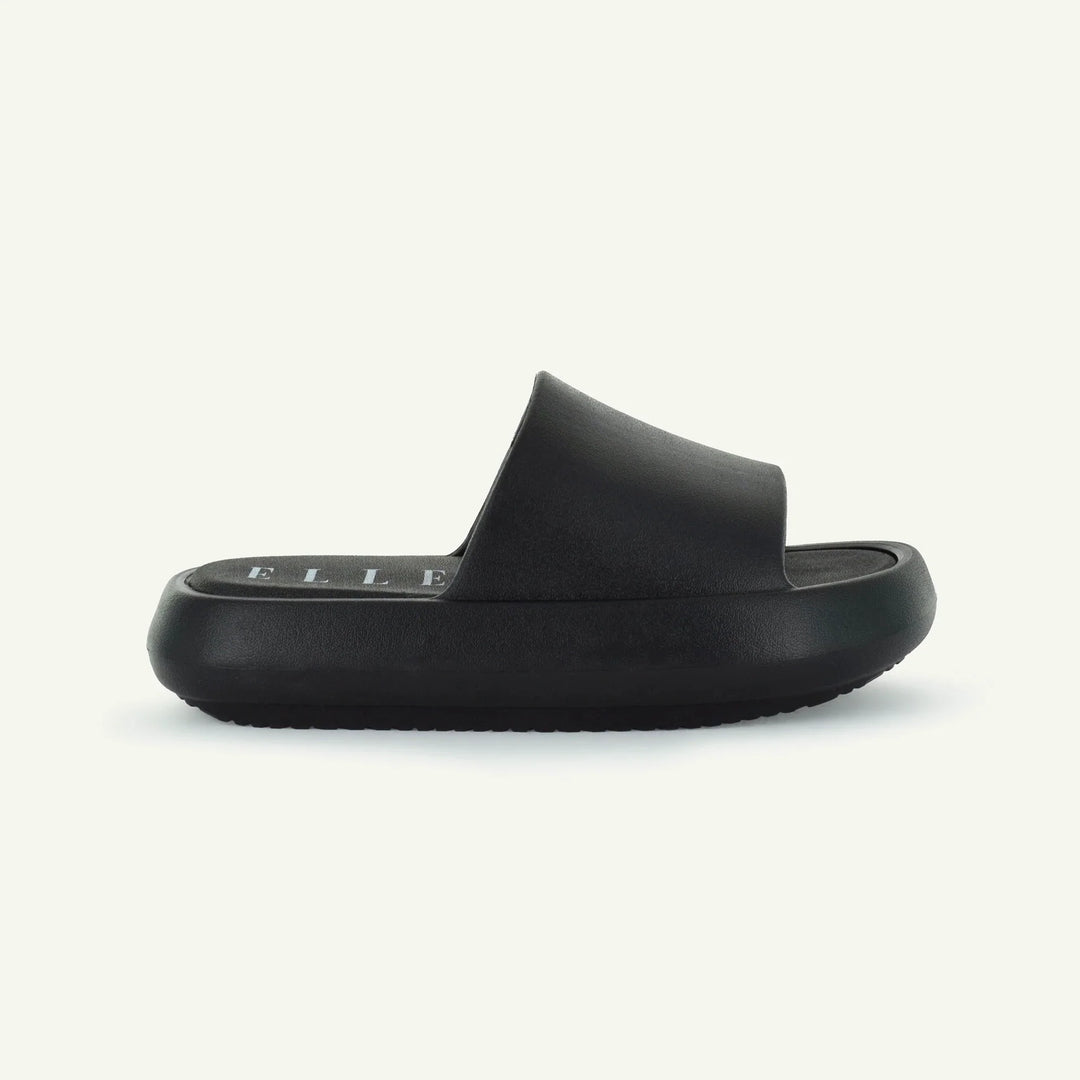 ST. TROPEZ platform slide in black, thick molded sole and wide strap.
