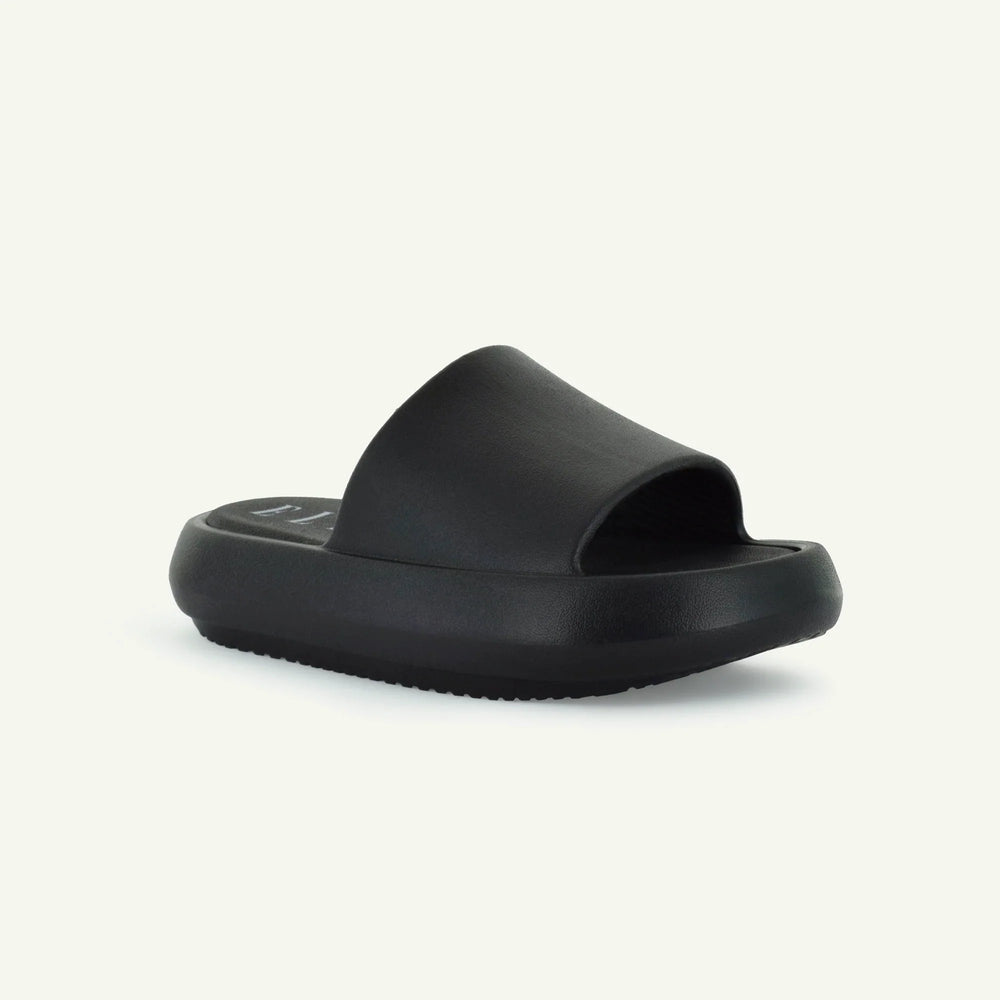 Black platform slide with open toe and cushioned molded footbed.