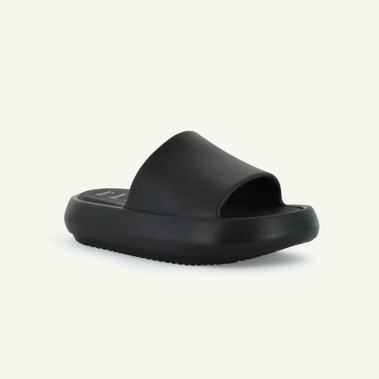 Black platform slide with open toe and cushioned molded footbed.