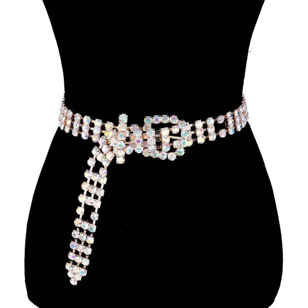 Embellished crystal rhinestone buckle belt with dangling row of stones