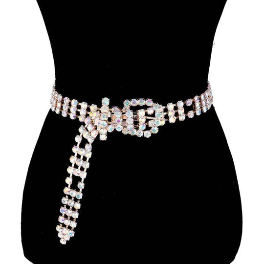 Embellished crystal rhinestone buckle belt with dangling row of stones