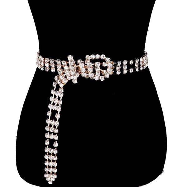 Madeline Love embellished rhinestone buckle belt with wide crystal band and hanging chain
