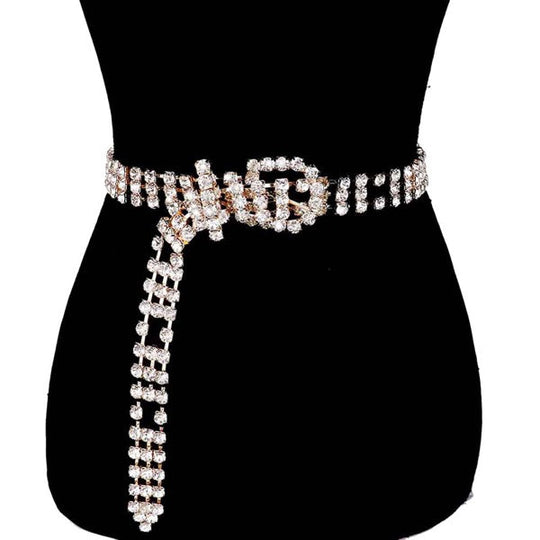 Madeline Love embellished rhinestone buckle belt with wide crystal band and hanging chain