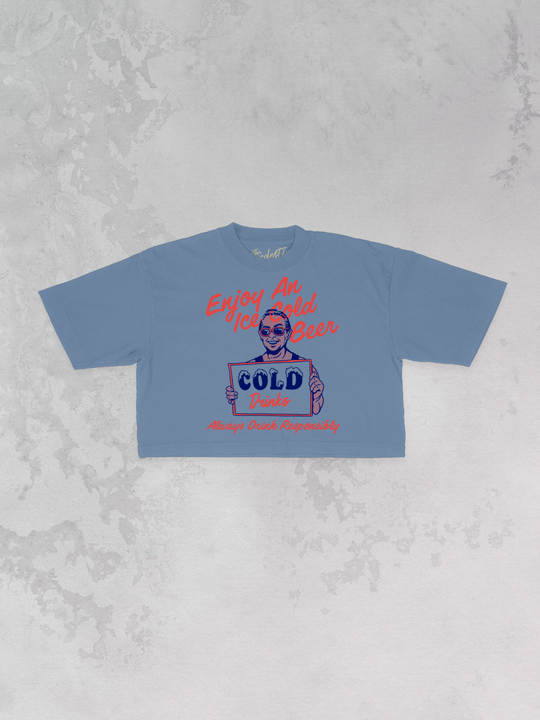 Cement cropped T-shirt with Enjoy iced cold beer front graphic