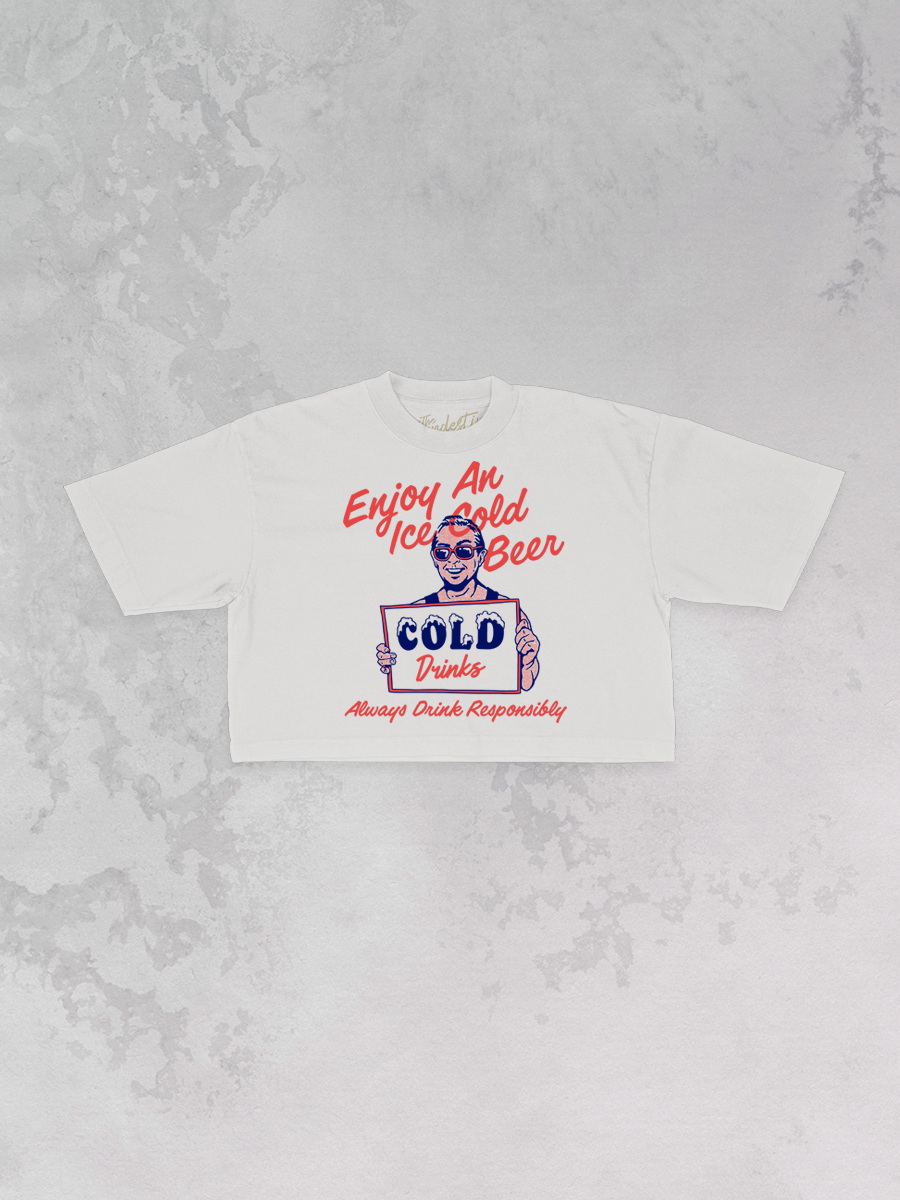 Cement cropped tee with Cold Drinks character graphic and slogan