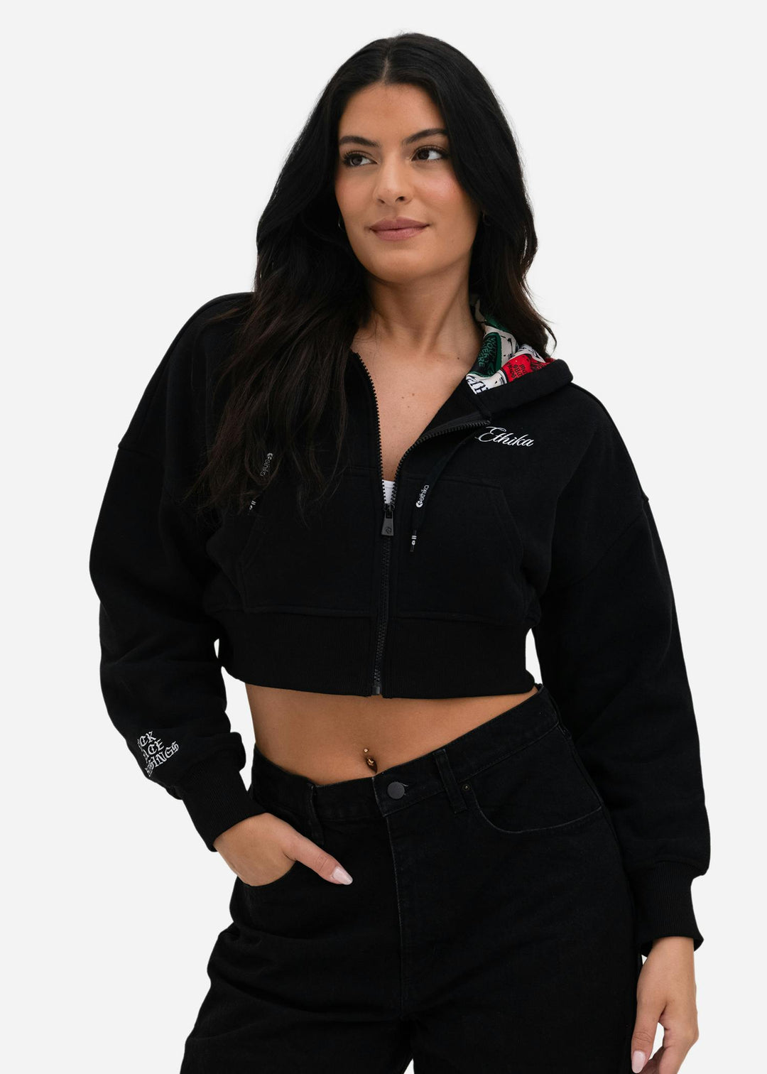 Women’s crop zip hoodie in black, front zipper and adjustable hood