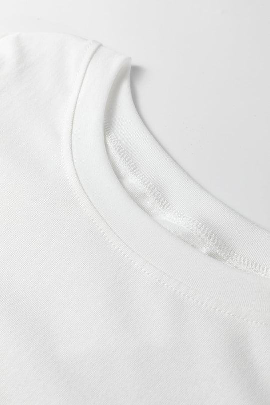White T-shirt neckline and curved sleeve seam detail