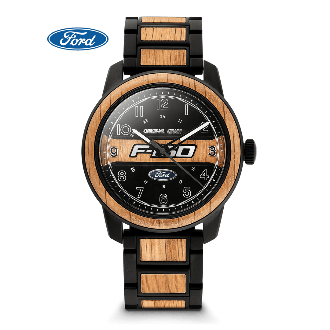 Original Grain Ford Barrel 44 mm watch with wood dial, black link bracelet, black bezel