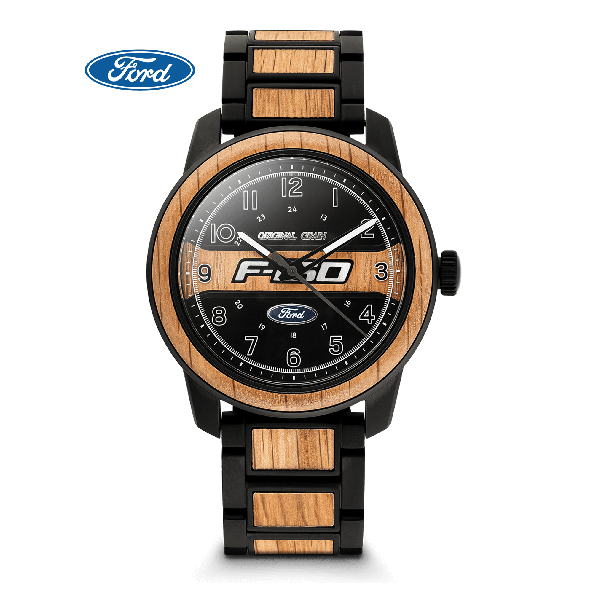 Original Grain Ford Barrel 44 mm watch with wood dial, black link bracelet, black bezel