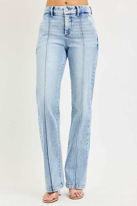 Light-wash high-rise straight jeans with front pintuck detail and button front