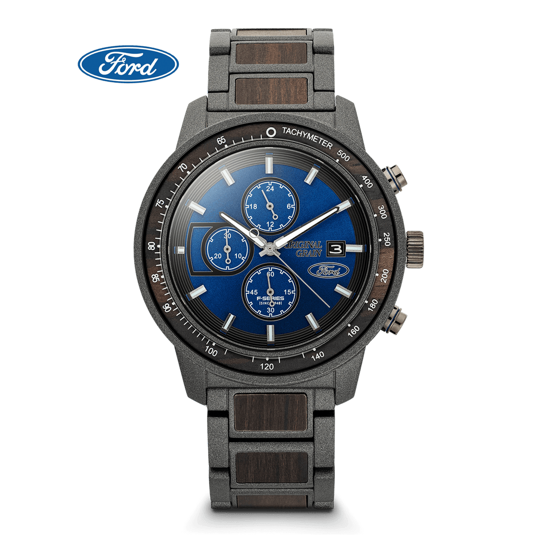Original Grain Ford Barrel Chrono 45mm chronograph watch, blue dial, gray case and strap