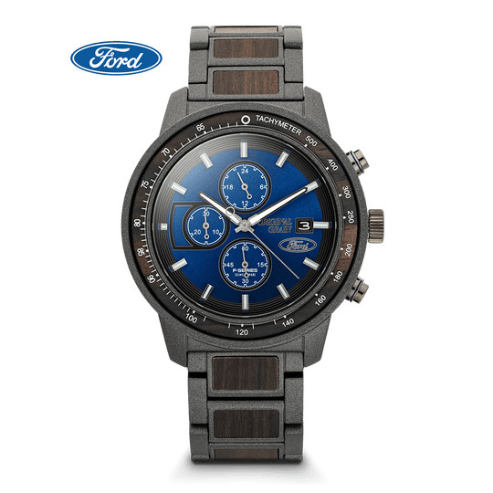 Original Grain Ford Barrel Chrono 45mm chronograph watch, blue dial, gray case and strap