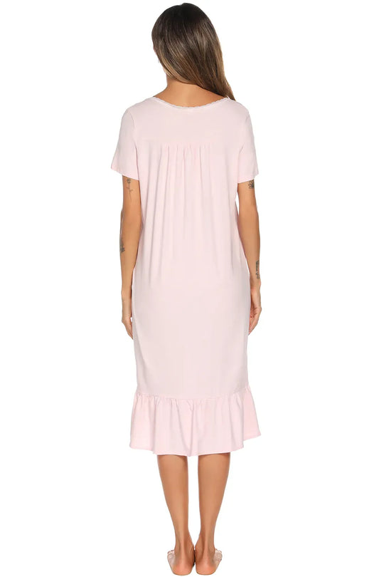 Blush Pink lounge dress back view with short sleeves and ruffled hem