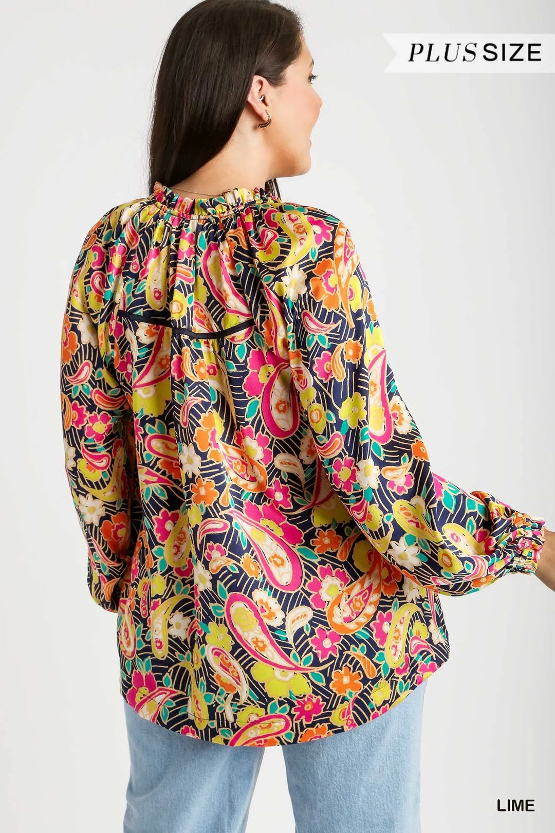 Back 3/4 view: multicolor paisley satin shirt with ruffle neck and long cuffed sleeves